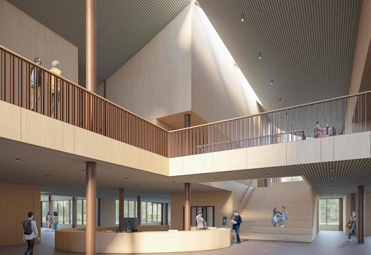 Impressie van het nieuwe gebouw, gemaakt door Grosfeld, Bekkers, van der Velde Architecten.  