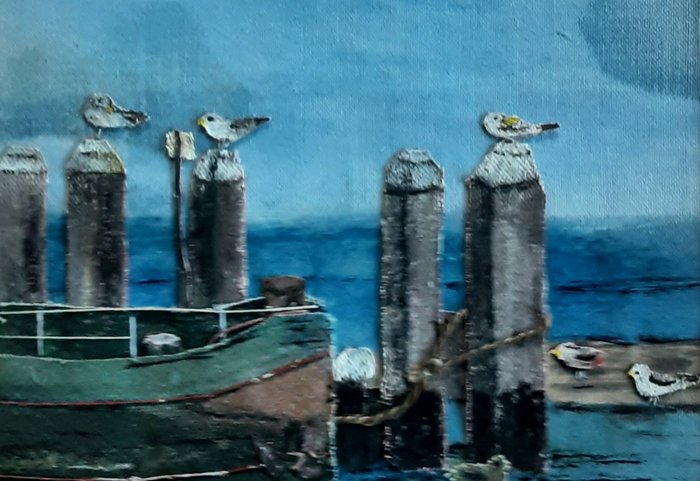 schilderij van Anneke met meeuwen op een strandpaal