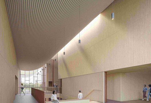 Impressie van het nieuwe gebouw, gemaakt door Grosfeld, Bekkers, van der Velde Architecten.  