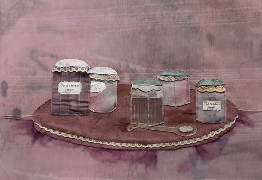 schilderij van Anneke met potjes op een dienblad