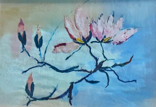 schilderij van Anneke van een tak met roze bloemen